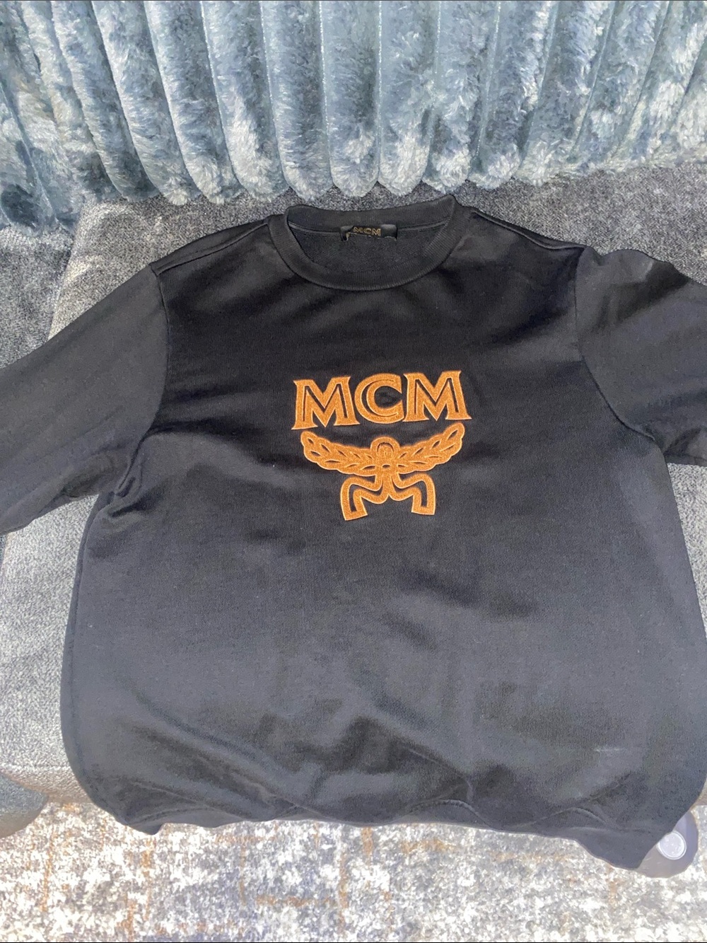 MCM Black Crewneck Sweater with Tan Logo Patch